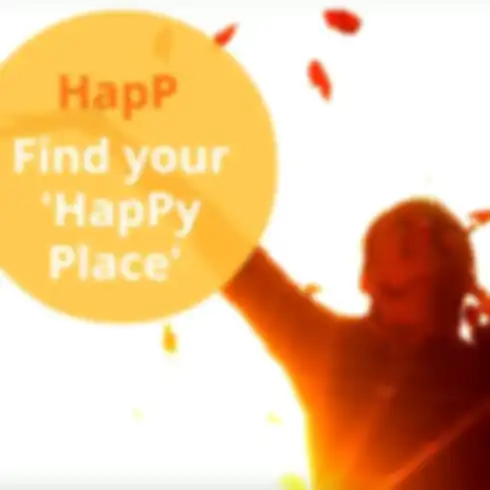 An image of a happy person with arms in the air and the text HapP Find your HapPy Place